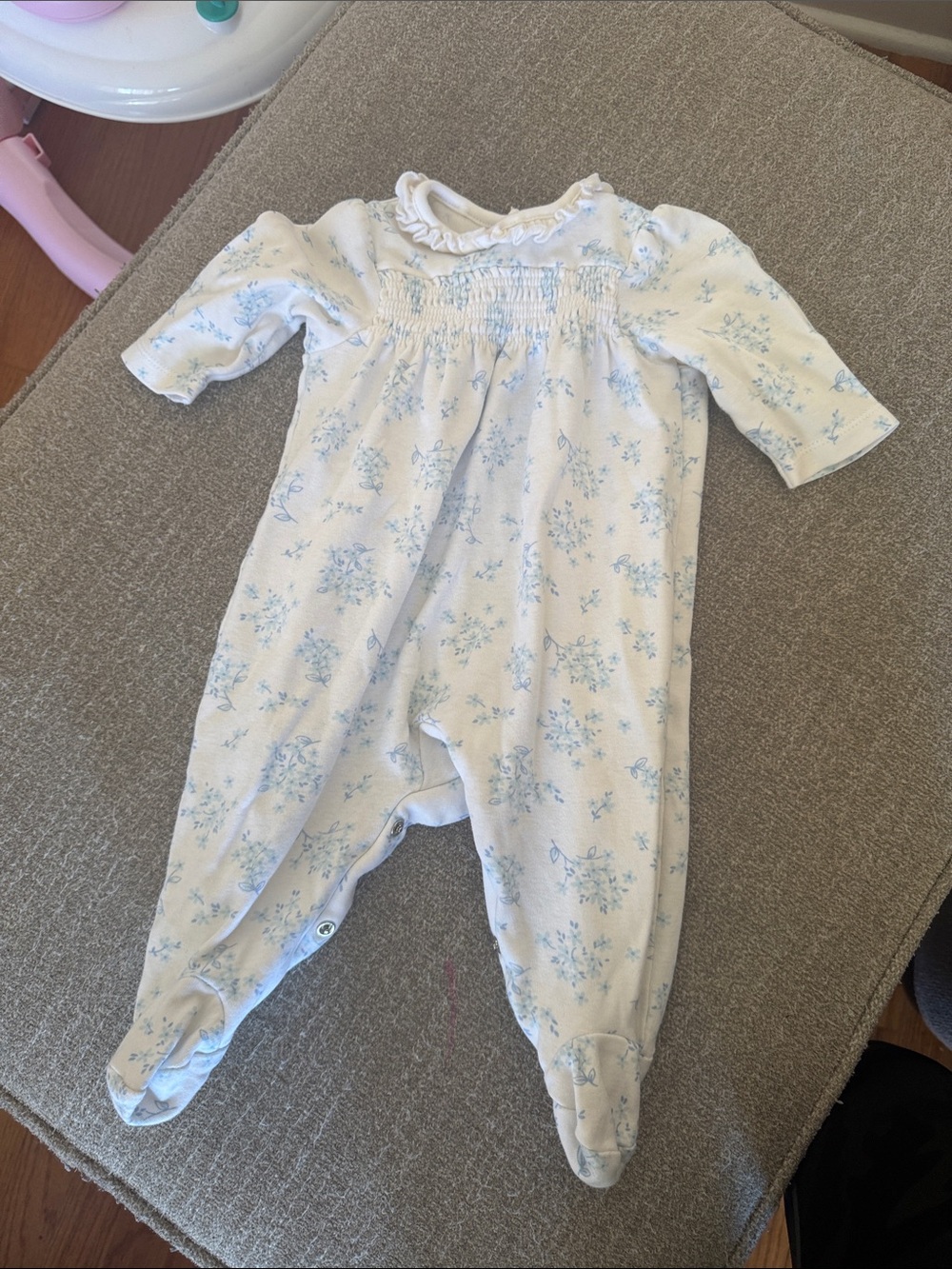 Little me Baby Floral Footed Sleeper - White with Light Blue Print Size 3-6 mo
